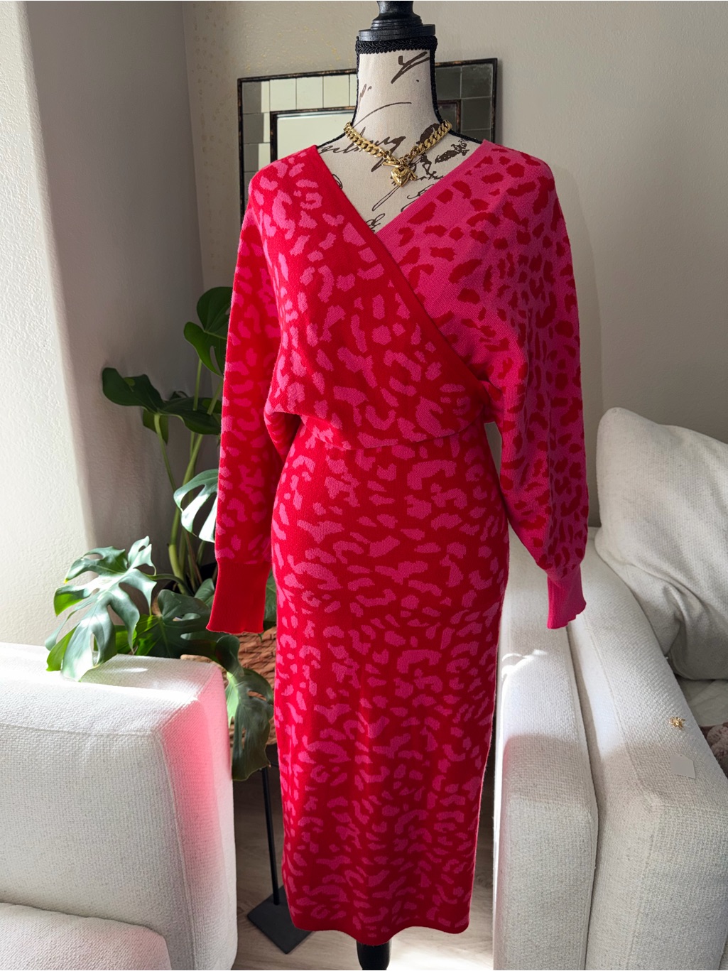 Women's Pink & Red Animal Print Midi Dress